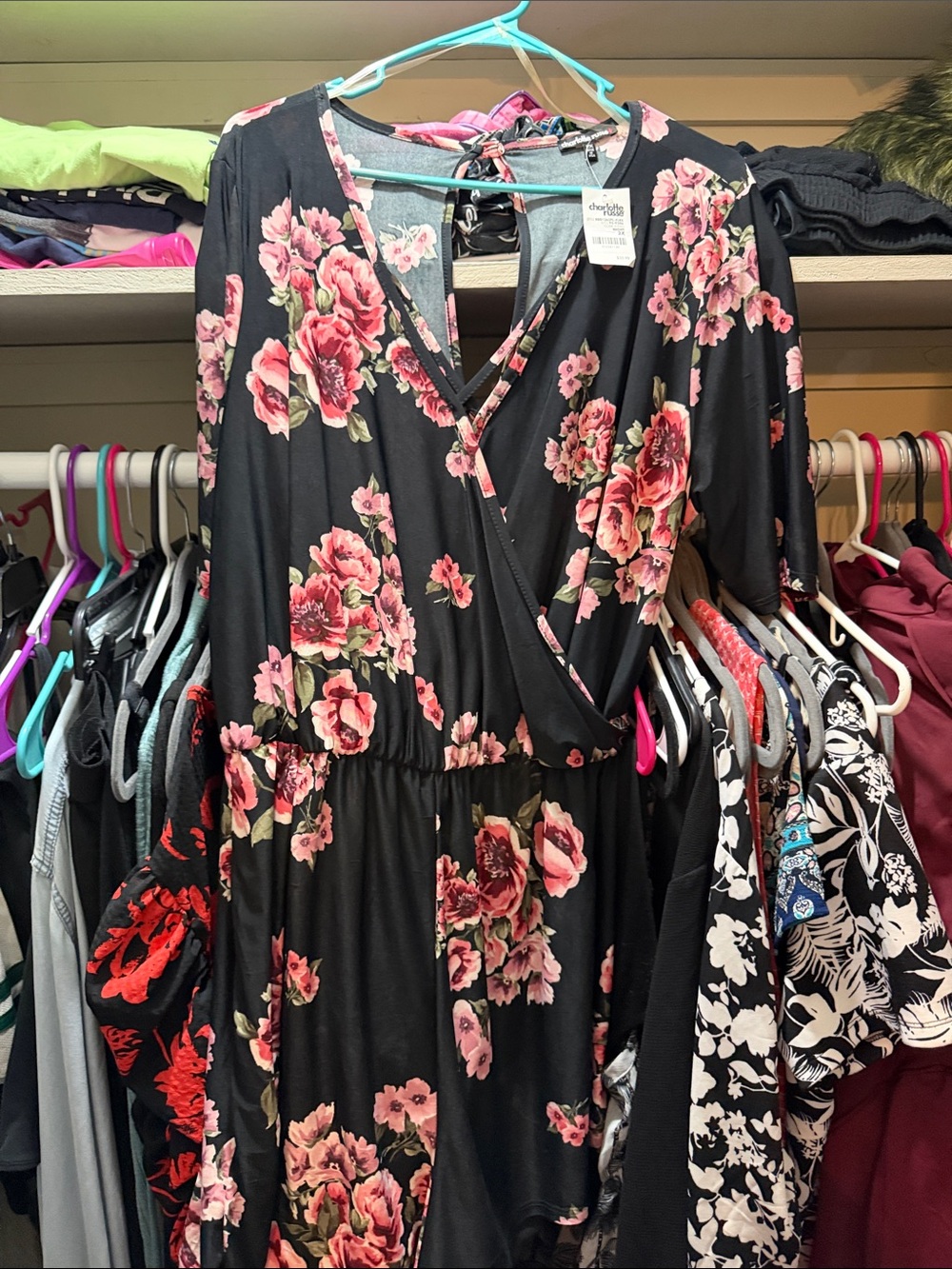 Floral romper- Black with Pink Rose Print